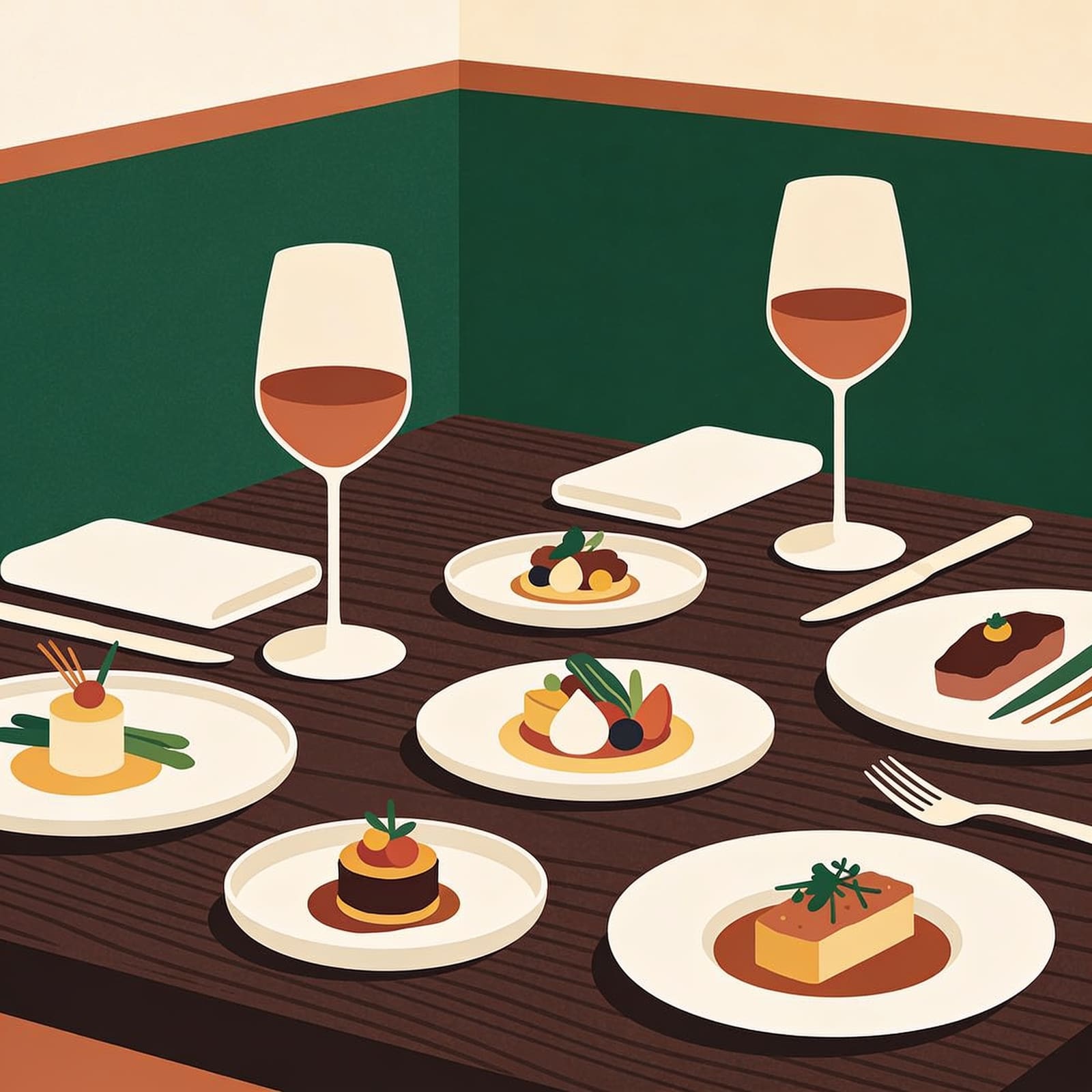 Tavolo apparecchiato per una cena degustazione con calici di vino
